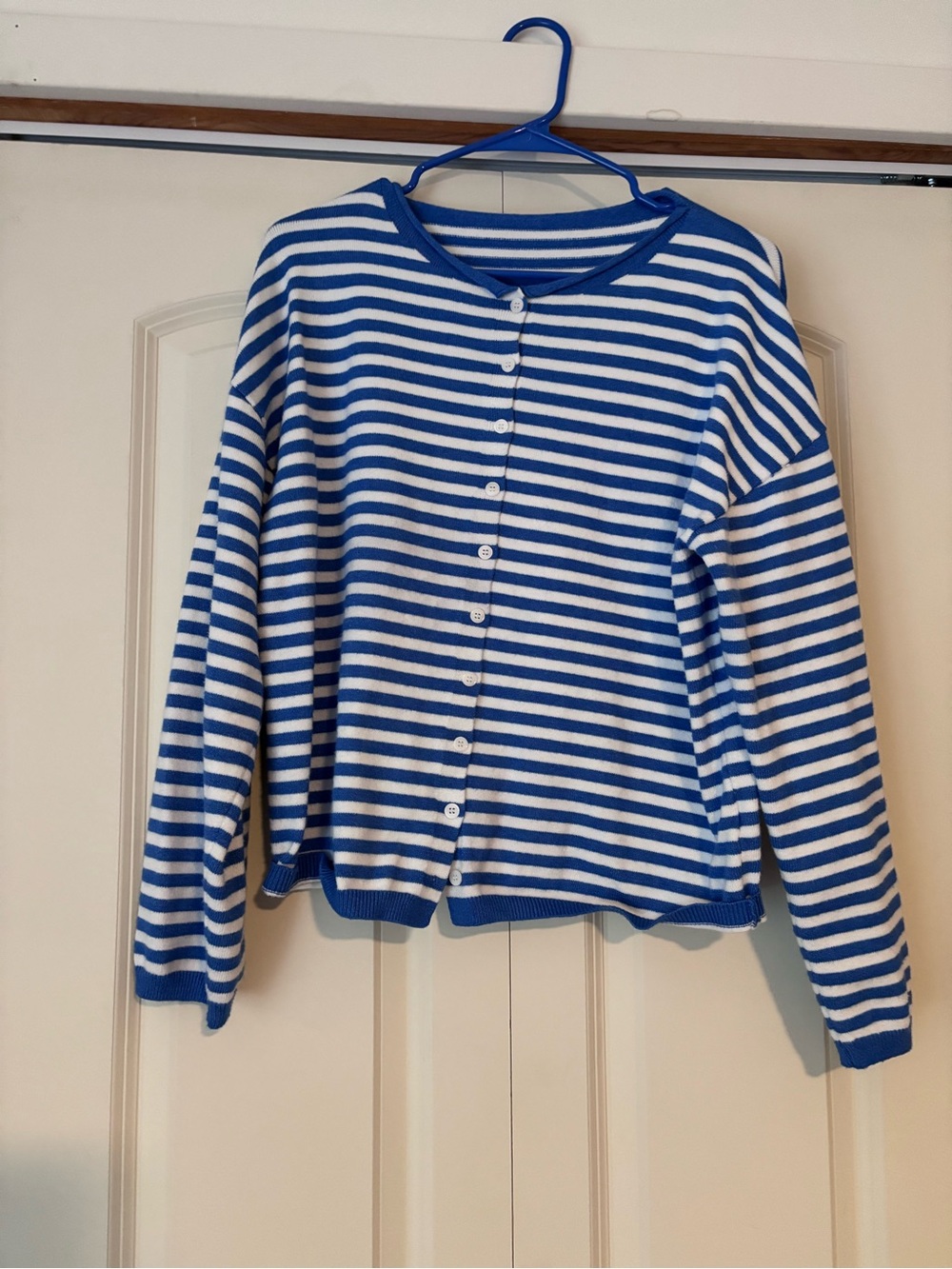 Striped Blue and White Button-Front Women's Cardigan